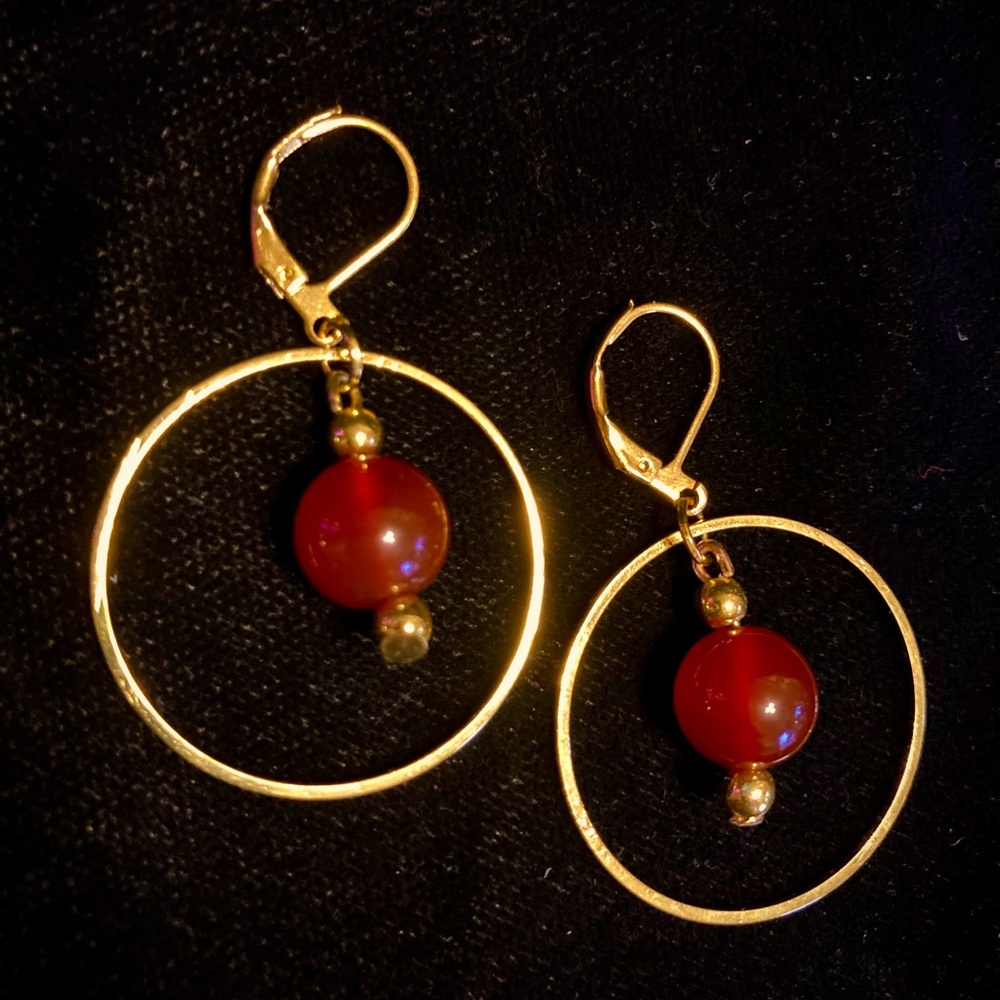 New Carnelian Sphere Encircled in Golden Ring Dangle Drop Lever Back Earrings